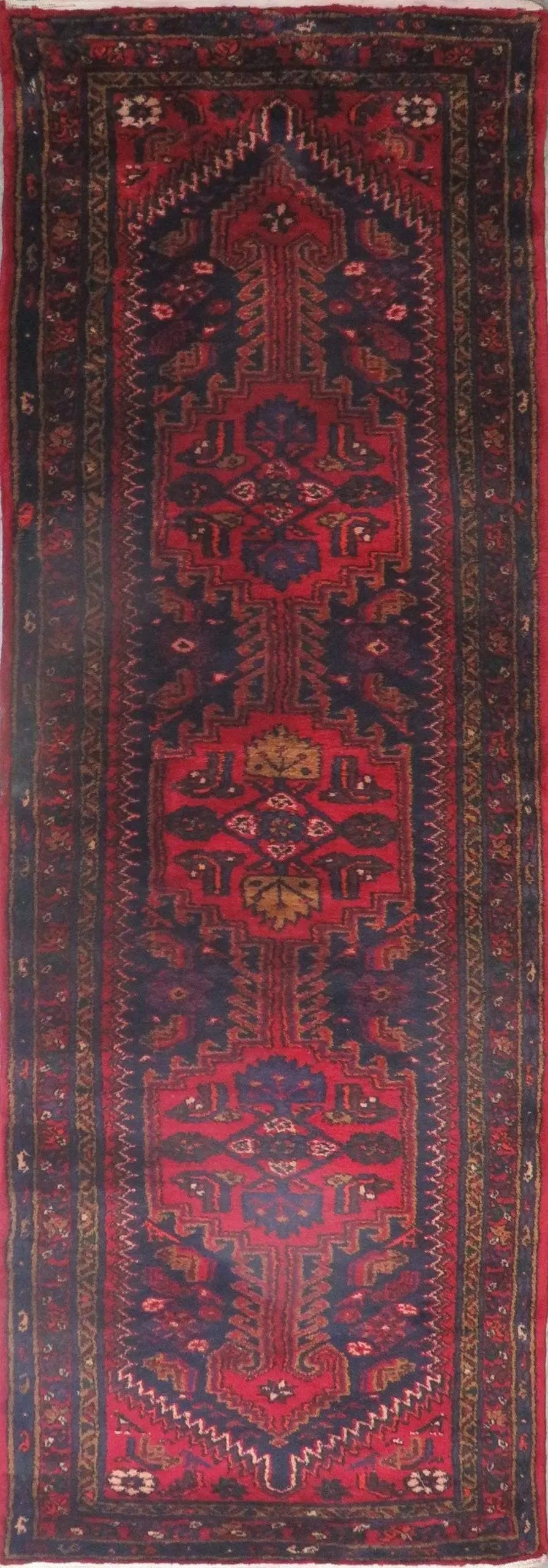 One Of The Kind Hand-Knotted Persian Wool Rug _ Luxurious Vintage Design, 10'7" x 3'4", Artisan Crafted
